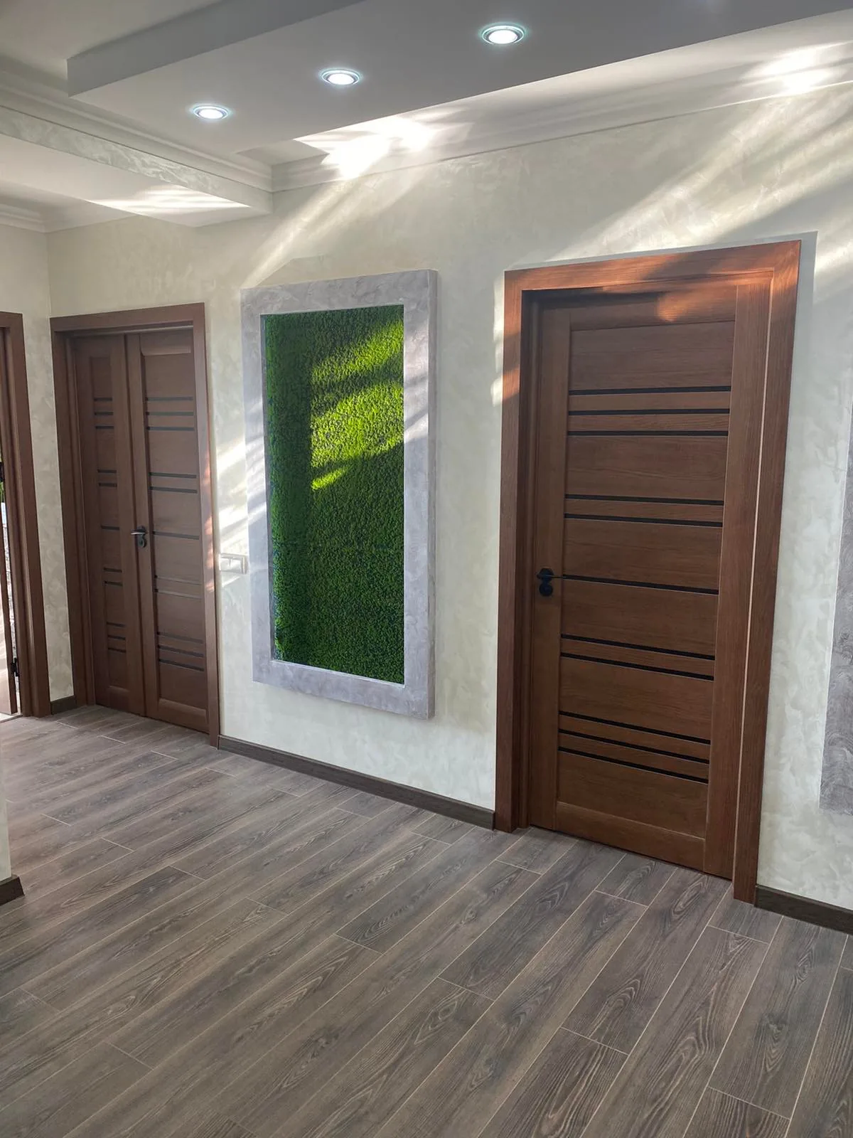 Uși de culoarea nucului cu sticlă neagră și un panou cu mușchi verde pe perete